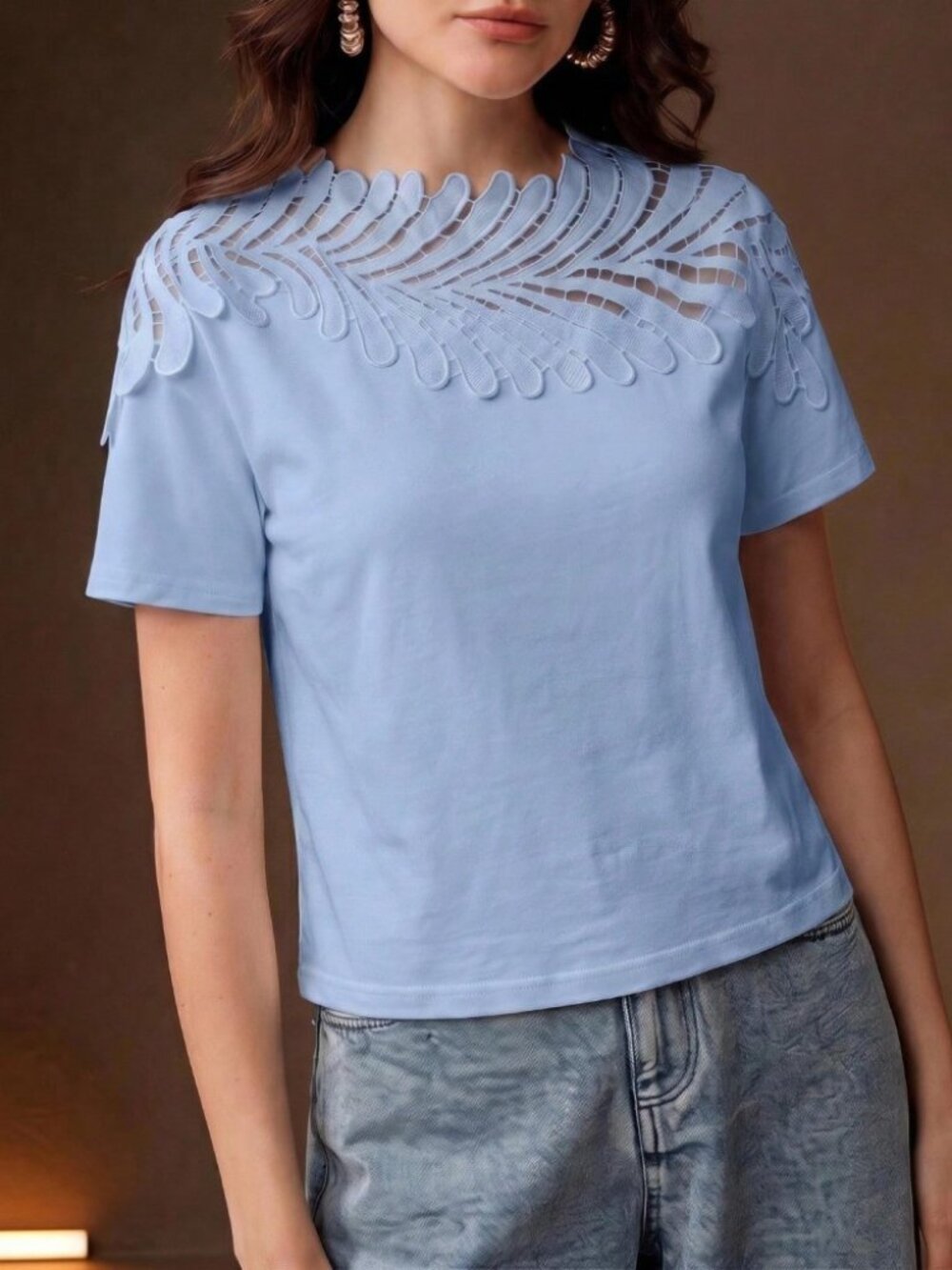 Sky Blue Leaf Cutout Lace Yoke Short Sleeve Round Neck Tee